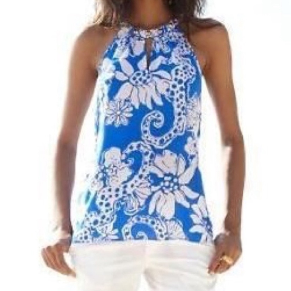 Lilly Pulitzer Blue and White Floral Halter Tank Top